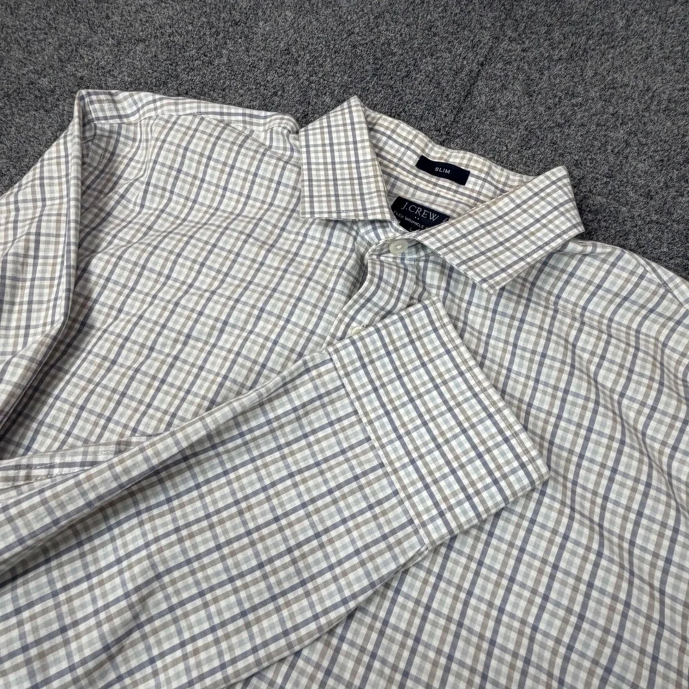 J.Crew Mens Slim Flex Wrinkle Free Plaid Button Down Shirt Blue Tan Large L